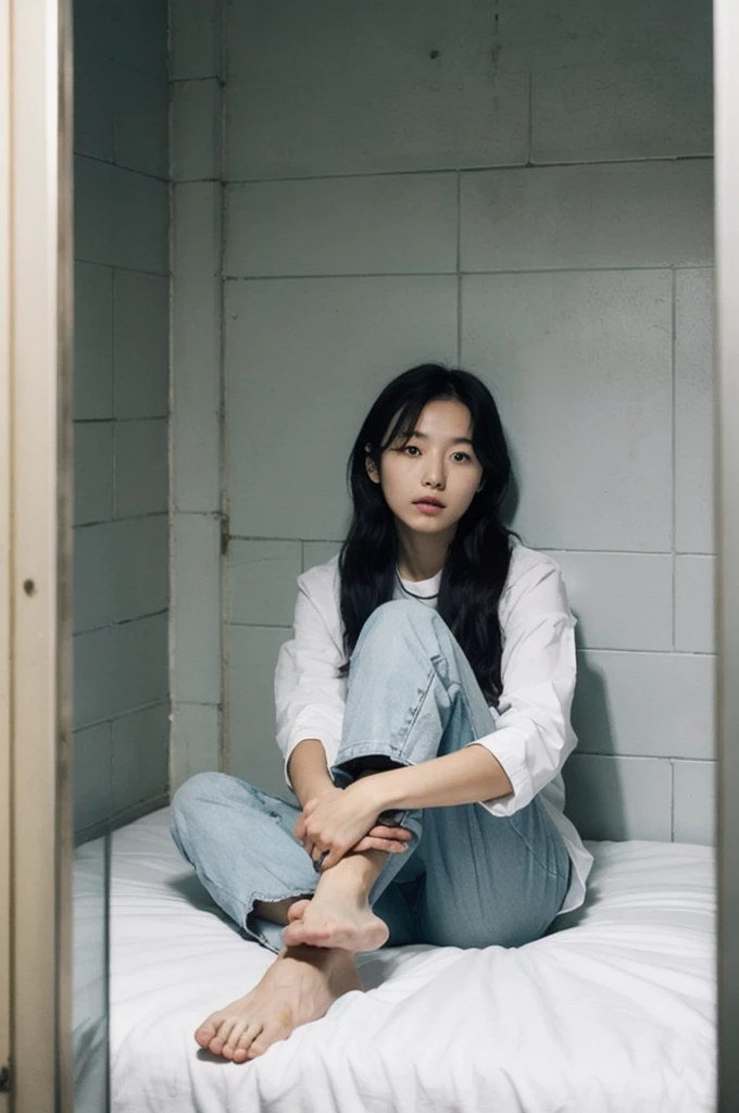 "A young, pretty Korean high school girl with long, straight black hair, wearing a light blue Korean long prison uniform with prison number on her chest. sits on the bed of a dimly lit women's prison cell. The uniform is slightly oversized, with a simple design featuring long sleeves and pants. She is barefoot, with her legs slightly tucked under her, and she appears somber and reflective. The cell is small and austere, with gray concrete walls, a small barred window letting in minimal light, and a simple metal bed in the background. The atmosphere is tense and isolated."