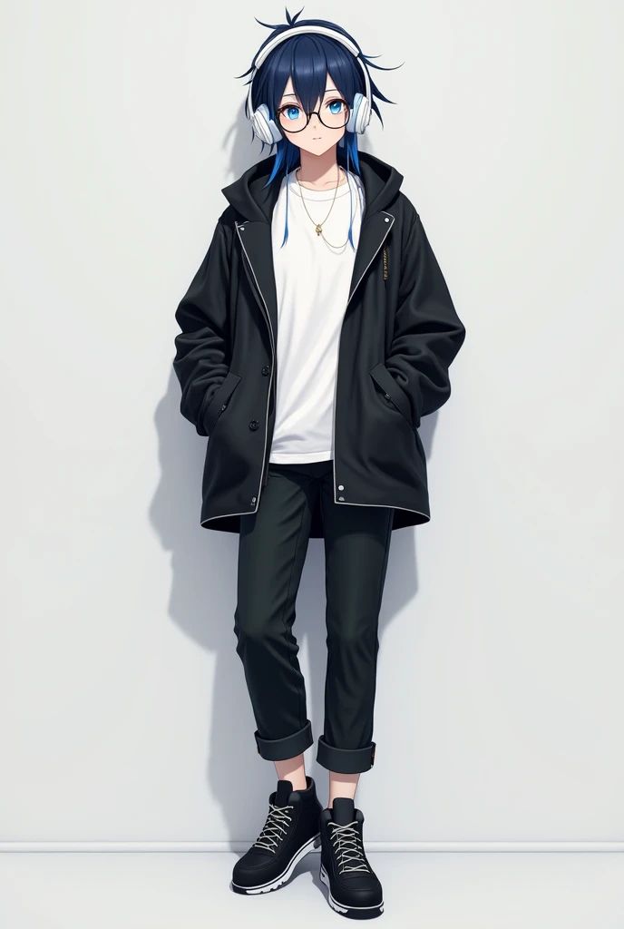 100 feet,white tshirt,black small mini coat wearing,big white heafphone,blue eyes,anime,black shoes,black pants,circle round glass,age 23