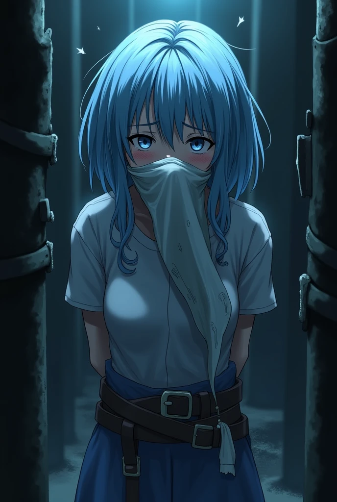 create an image of a female character (do anime demon slayer) with ice breath and light blue hair with her arms tied behind her back and her mouth gagged with a long cloth covering her nose and mouth in captivity