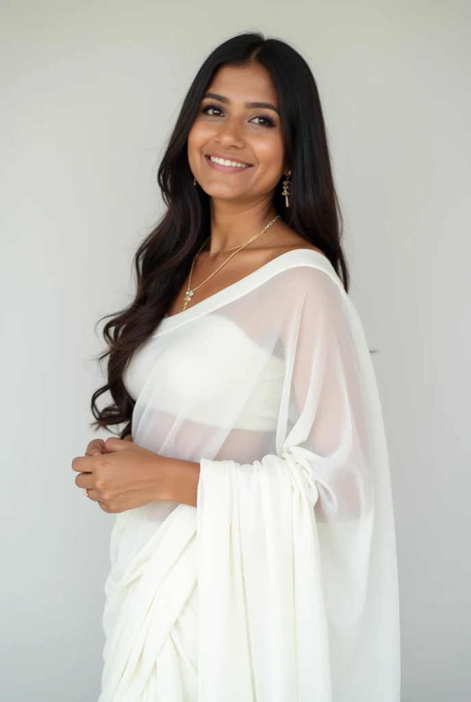 Indian women ready for marriage in white saree in very minimalist way with smaily face