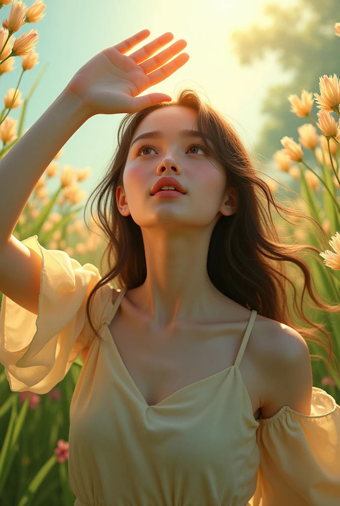 I need a picture of a girl raising her hand to block the sunlight. she is slightly tilting up her head. there are flowers and grass as background.