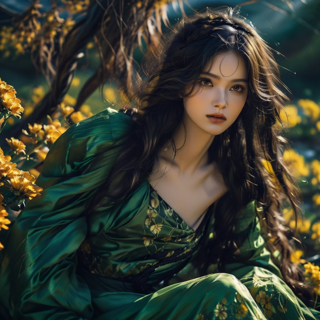 high camera angle, creative photography, a beautiful woman, a faint smile on her face, black hair flowing naturally. she wore a black brocade dress with a yellow flower pattern. sitting gracefully in a field of lush green leafed europhia flowers. golden hours, highest resolution, masterpiece, high detail clothing,