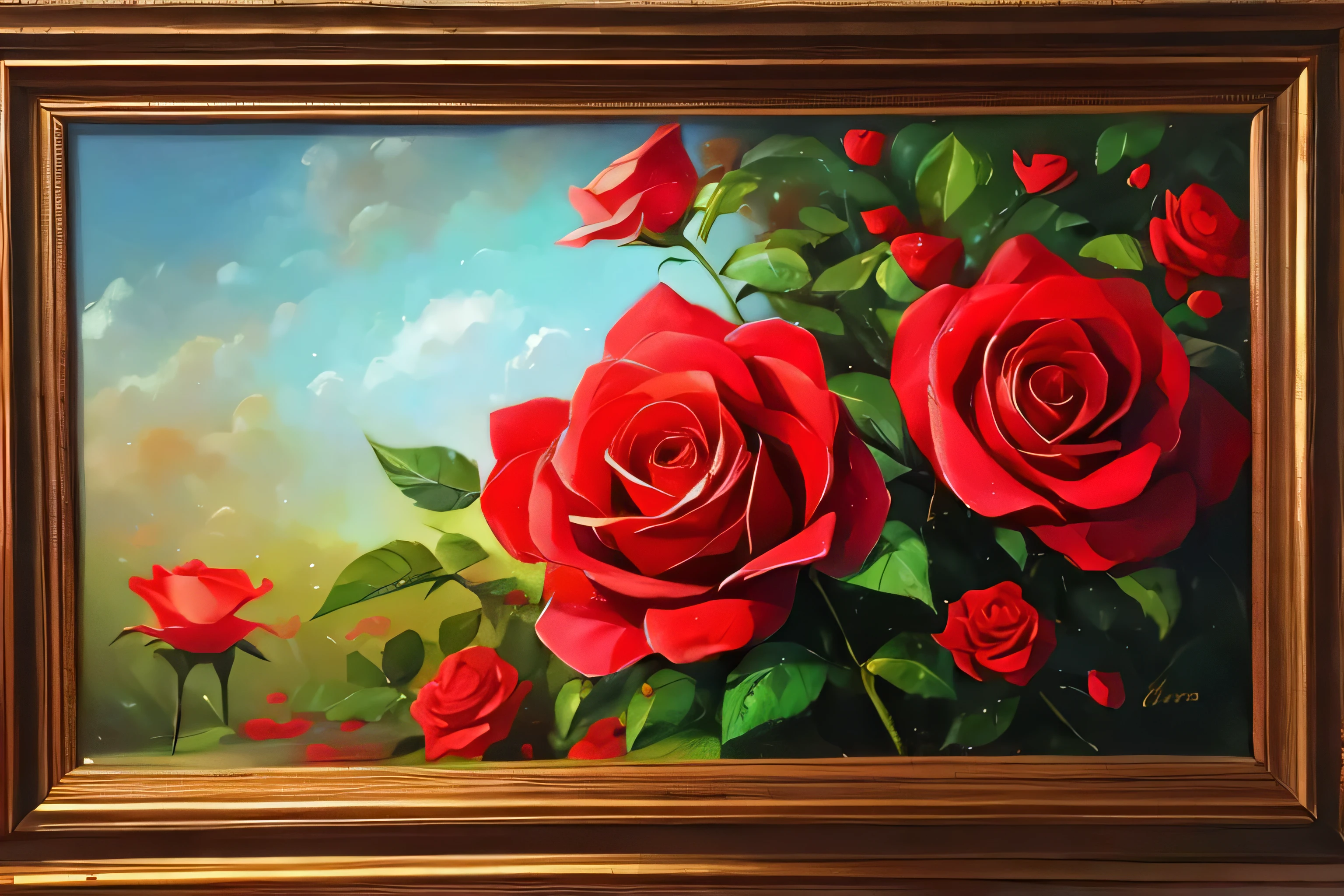 red rose,dew,plant,beautiful bloom,flower sea,oil painting style,
