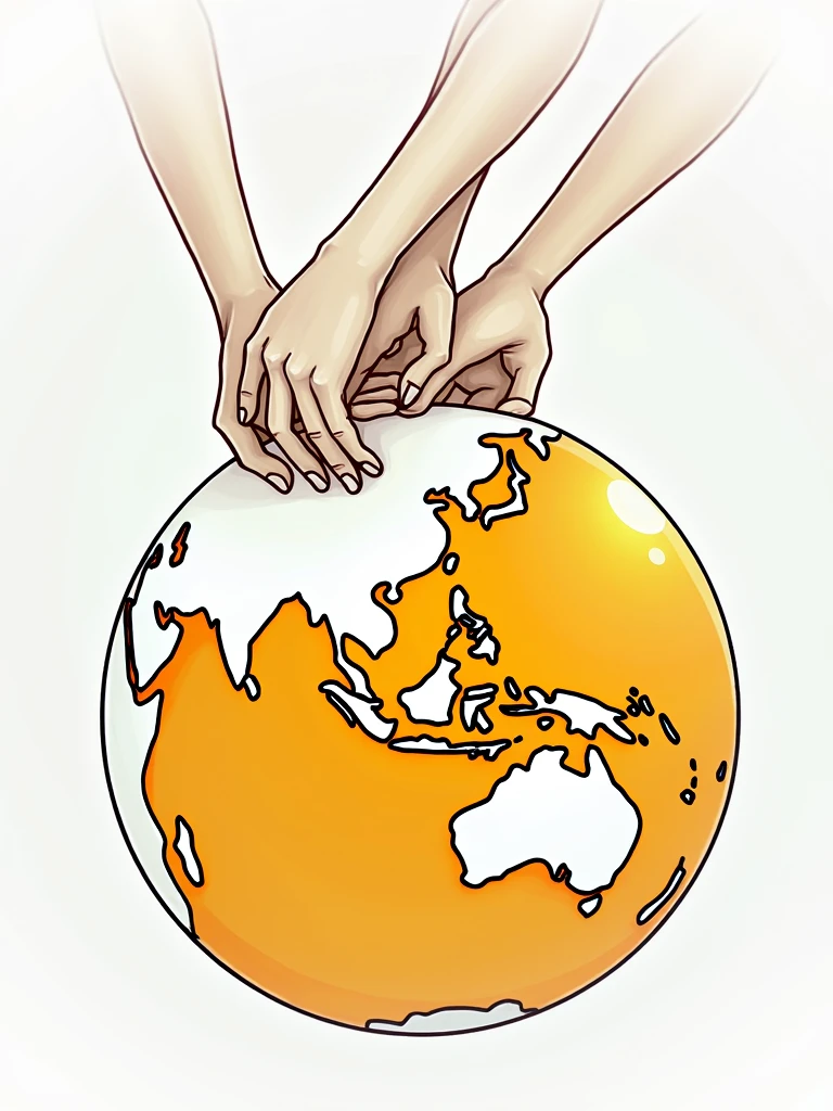 the orange globe, a circle of hands holding, wraping around the globe