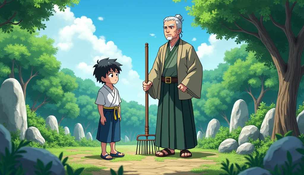 Hiro and Master Koji stand together in the garden. Master Koji, with a kind expression, holds a rake. The garden is vibrant, with neatly arranged stones and plants.