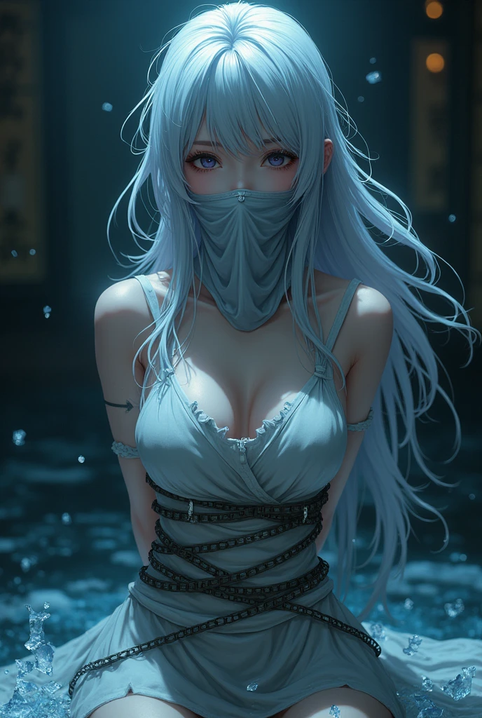 create an image of a female character (do anime demon slayer) with ice breathing tied with her arms behind her back and gagged with a long cloth covering her nose and mouth in a bondage