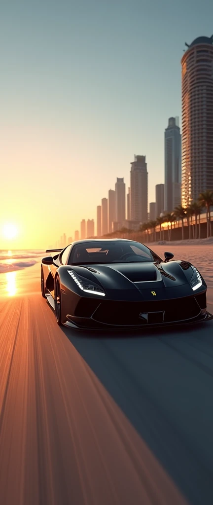 8k quality Ferrari GTS superfast car black colour racing while sun set beach and business buildings.
View in side