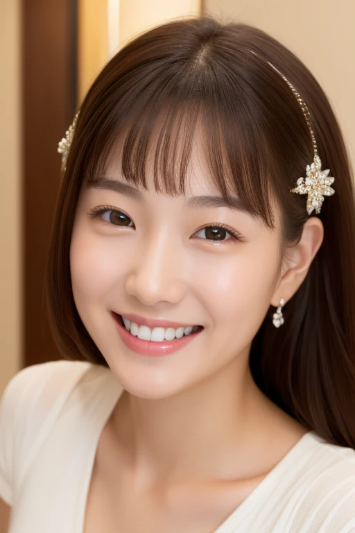 1girl, in hotel room, smiling, a close-up,smart shaped face, crystal clear white skin,
