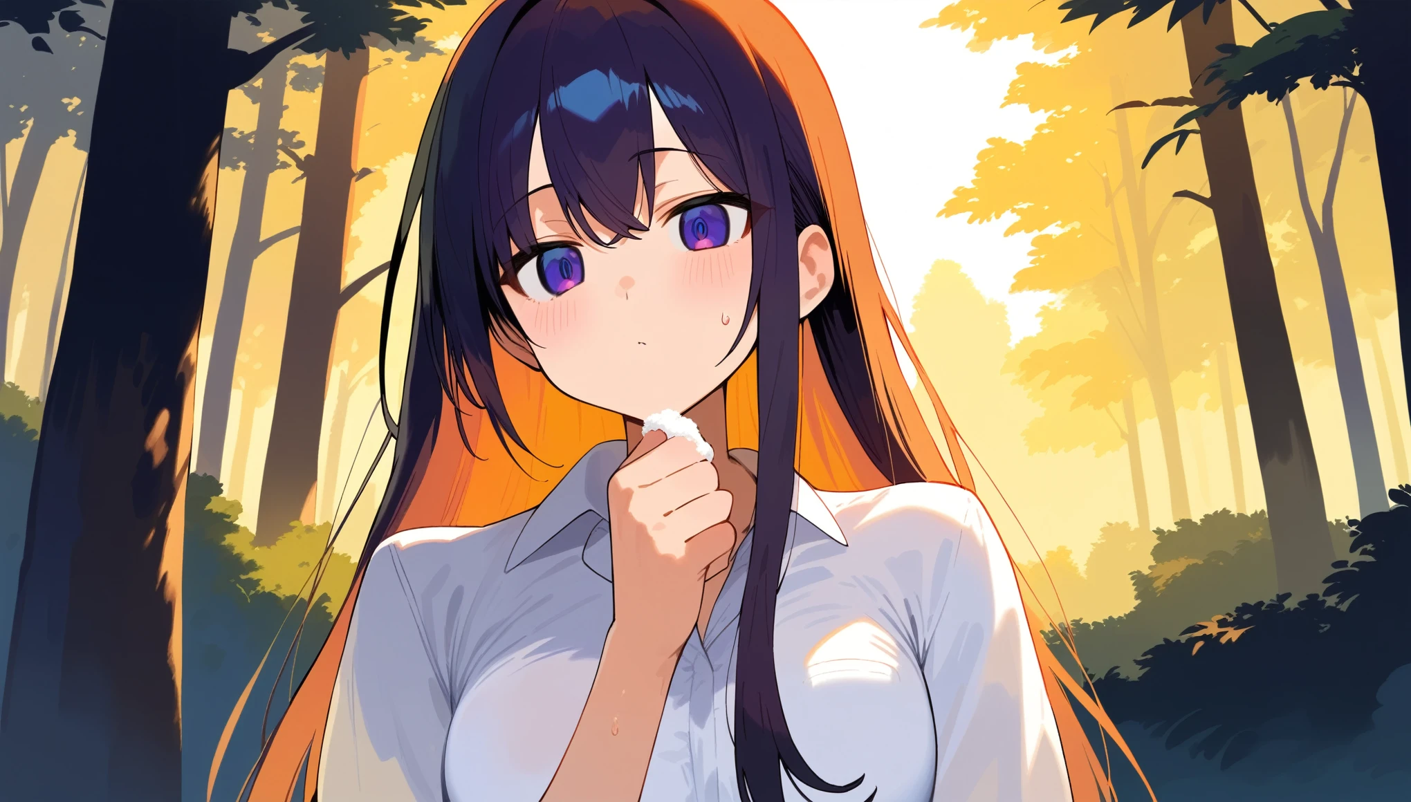 score_9, score_8_up, score_7_up, best quality, 1 lady, black long hair, purple slant eyes, staring, white shirts, wash one hand sweat, forest, evening