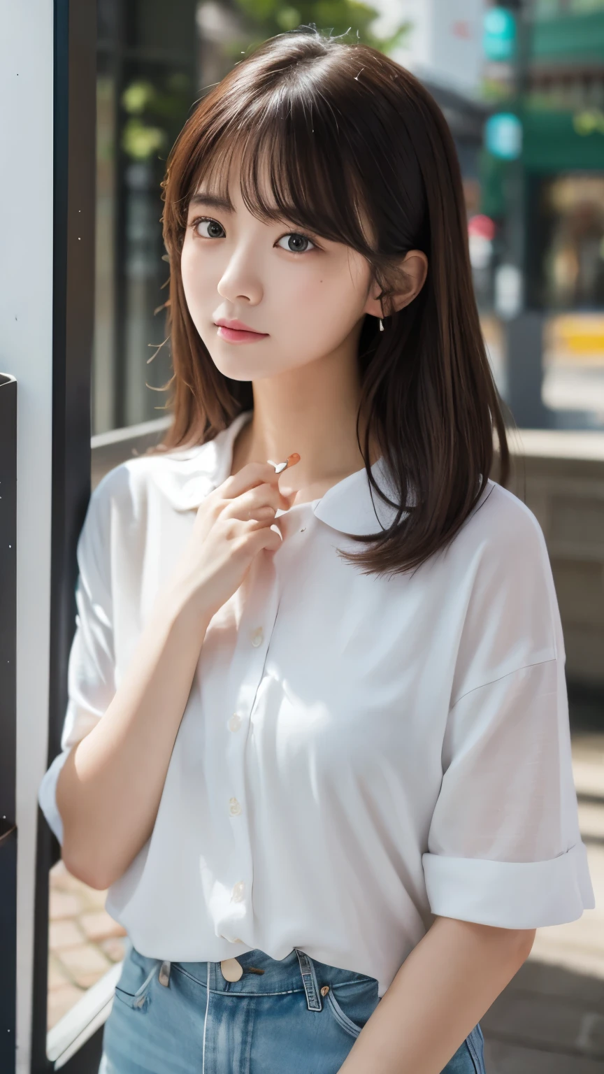 Portraiture、masterpiece:1.3、one person's、Baby Face、Natural look、very cute、Brown Hair、Short Bob、Small red earrings、Fuller lips、No makeup、White T-shirt、Focus on the face、最high quality、High resolution、Very detailed、high quality、Detailed explanation、8k、(((Blurred Background、White wall、White Background、White world、Flower illustration、Flower illustrationの壁、壁にFlower illustration、Flower illustrationが描いてある壁、Photo studio:1.5、Cinema Lighting、Professional Photographer)))