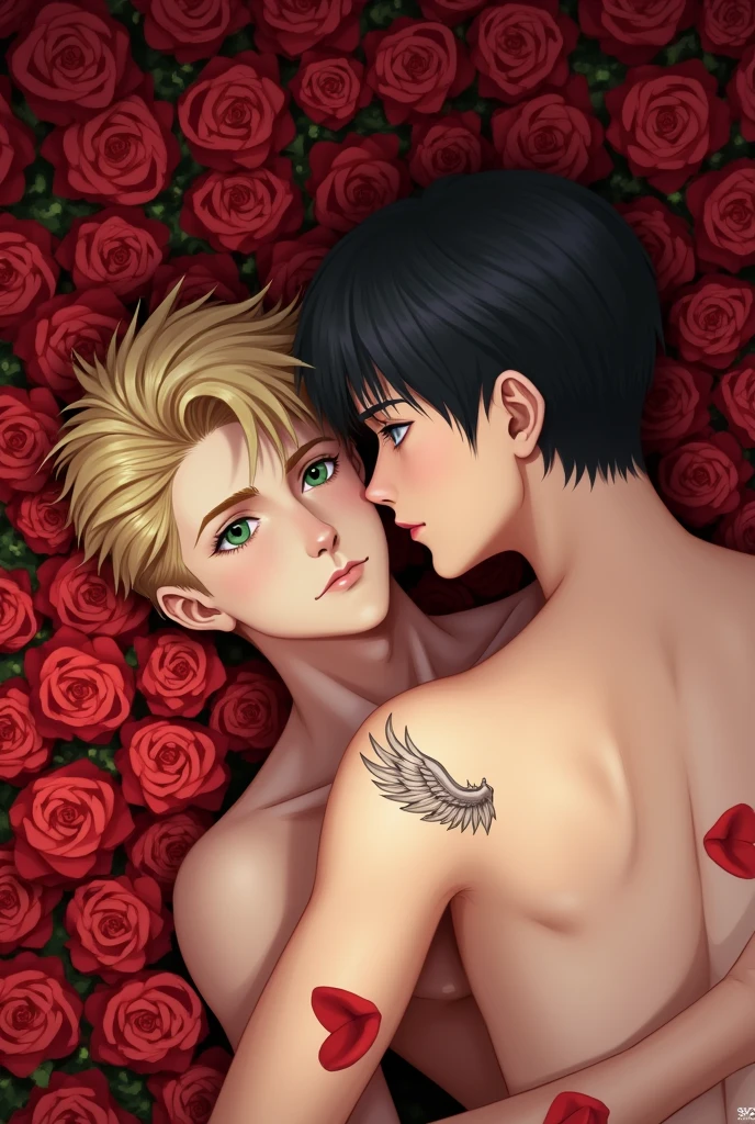 I want you to make me a man lying down with flowers under that he has his eyes open and the other one that is on the other side looking at him Both with their eyes open but that is in 2d but that is realistic and that only one is lying on the bed of flowers but a 2d and that is realistic one that is blond green eyes and the other black hair blue eyes that the flowers are red roses and the blond one that has a tattoo of wings on his collarbone that they look a little in love more realistic
