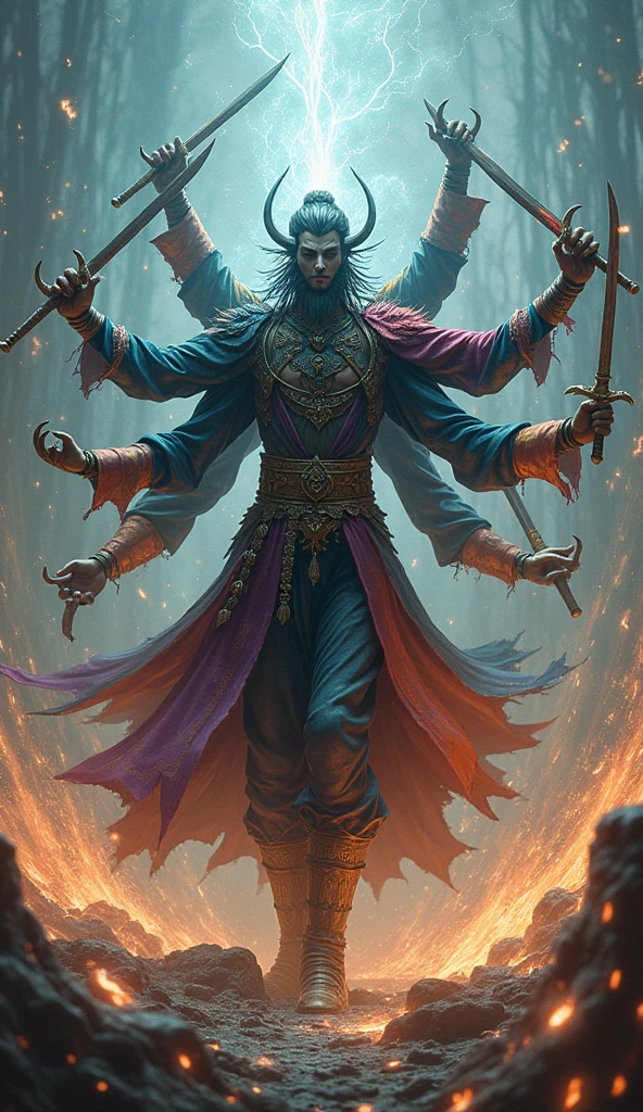 "In a vast, mystical battlefield where chaos reigns, a tall and imposing figure steps into the fray. Gilgamesh, the eccentric collector of swords, towers over the scene, now infused with the essence of Vortex. His colorful, flamboyant attire is darkened and distorted with swirling, dark energy patterns that reflect Vortex's influence. Despite his many arms, each adorned with vibrant sleeves of different patterns and colors, there are now ethereal, dark tendrils intertwined with his garments, giving a fusion of ancient and supernatural. Each of his legendary weapons, once gleaming with otherworldly power, now pulses with dark, swirling energy that complements the chaotic environment around him. Gilgamesh grins wickedly, his expression filled with both mischief and a new, otherworldly intensity. As he prepares to unleash his ultimate move, Sword Dance, he begins to spin and twirl with unnatural agility, but now with an added aura of dark energy. A dazzling flurry of attacks erupts from all directions, creating a vertical spectacle of swirling blades and dark energy, as Gilgamesh's unpredictable and mysterious nature shines through with the added influence of Vortex."