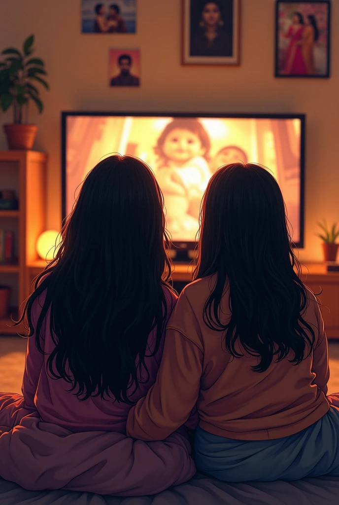 Doodle in
which two sister watching veer Zara and Bhoothnath bollywood movie in room must write movies scenes or name on screen
Show as scene drawn from back