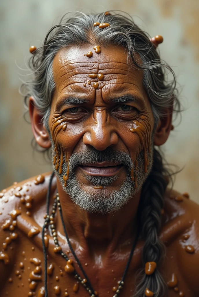 Indian man covered in stinky brown shit