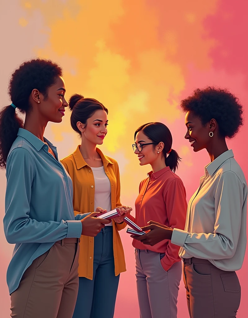 Create a realistic and clean image celebrating the strength and positivity of women. Include four diverse women in different roles: one managing work tasks, one caring for a child, one performing an office job, and one handling additional responsibilities. Each woman should be depicted clearly in her respective role, exuding confidence, resilience, and compassion. The background should be vibrant and uplifting, showcasing their emotional intelligence, adaptability, and problem-solving skills. Ensure the image highlights their individual contributions and strengths."