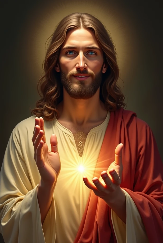 Lord Jesus half body smiling jewish shining bright blue eyes blessing with his hands