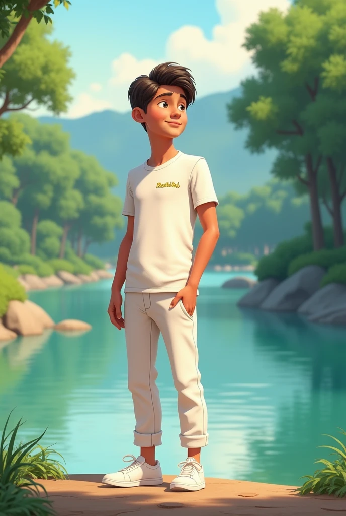 Create animation character 30 years old boys standing the rever side and his t-shirt  name Rakib, pant colour white, shue colour white.