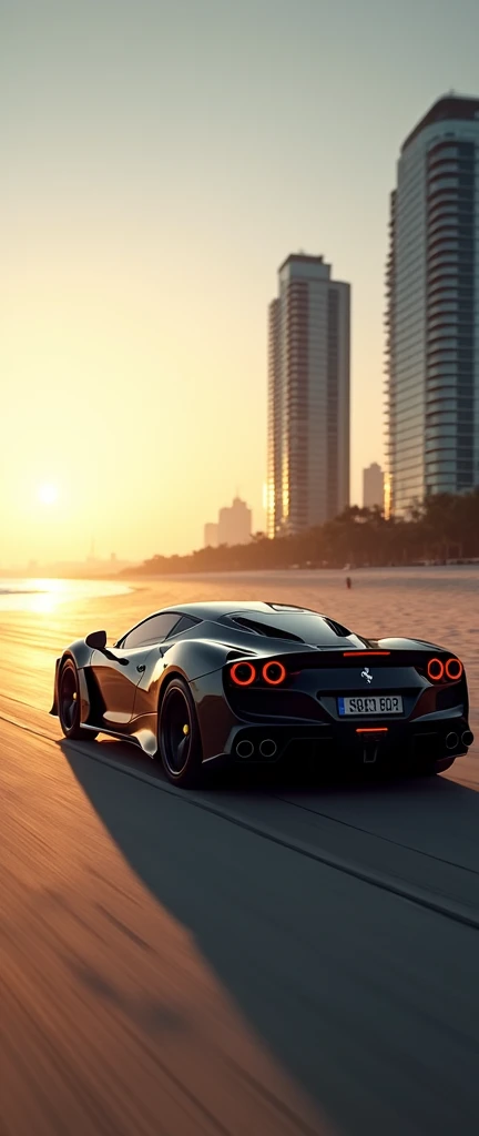 8k quality Ferrari GTS superfast car black colour racing while sun set beach and business buildings.
View in side with name tag