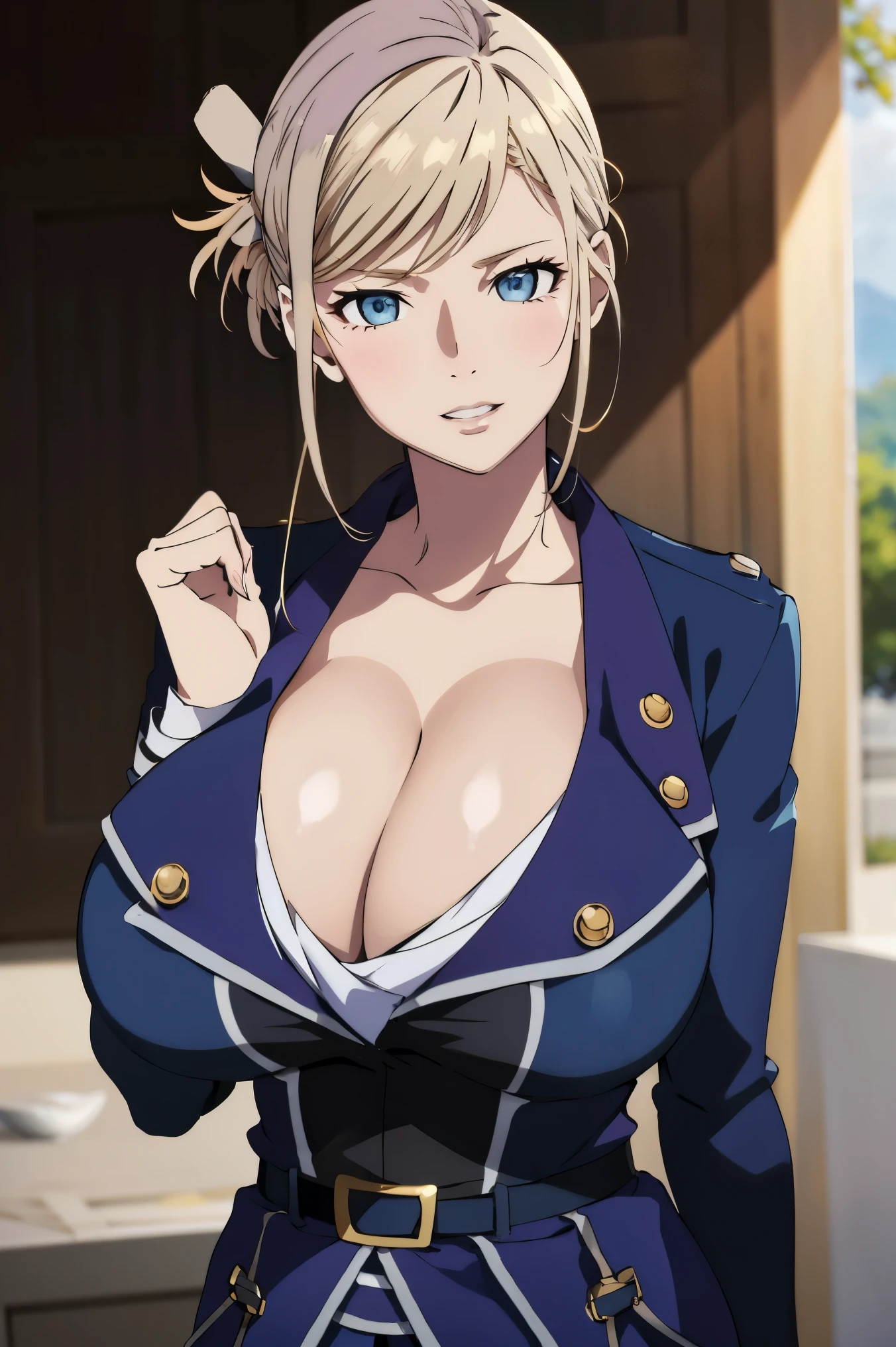 masterpiece, ((blue millitary uniform)), ((cleavage)) (best quality), (solo), 1girl, slim waist,, blonde hair, purple hair , (short skirt), blue eyes, sexy woman,  hair ornament, vibrant colors , natural lighting, RTX, (huge tits), (detailed face:1.2), (perfect eyes:1.1) ,(photorealistic:1.1), 8k uhd, looking a viewer, outdoors, simple backround, smile, (upper body), standing pose, 