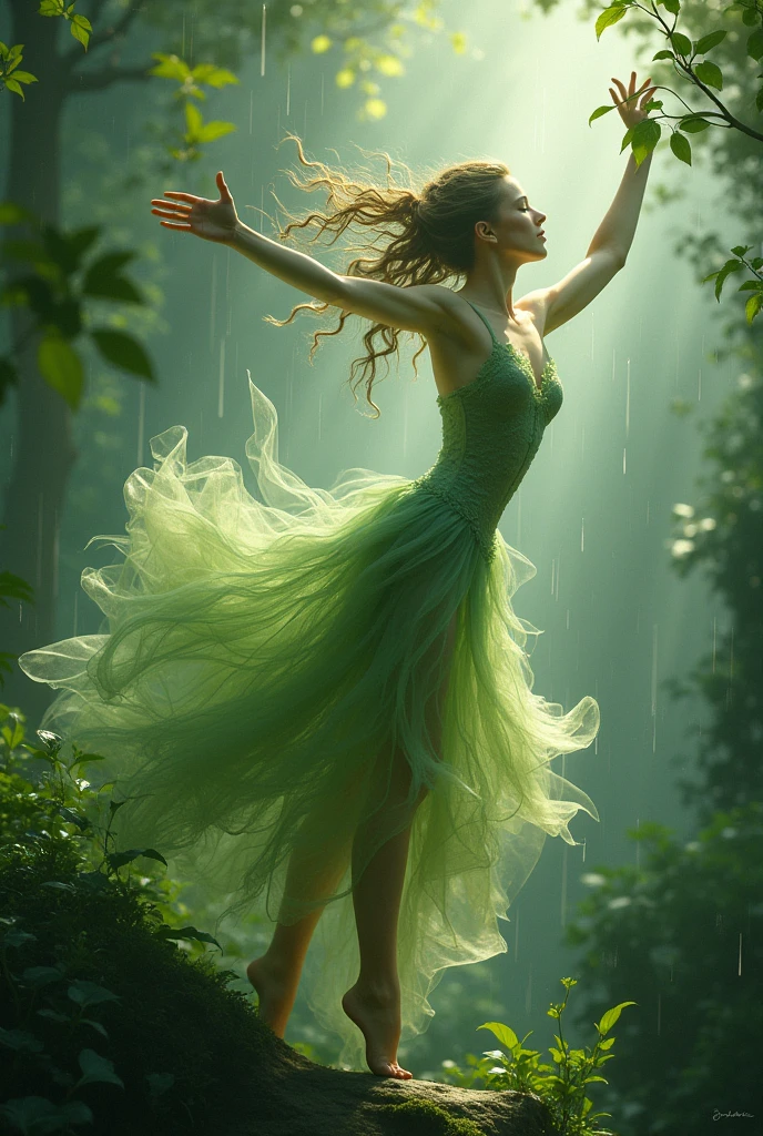 Delicate intricate leat veins resembling delicate brush strokes as tendrils of foilege swiri around the figure blurring the lines between dancer and environment against a back drop of gentle glistening raindrops