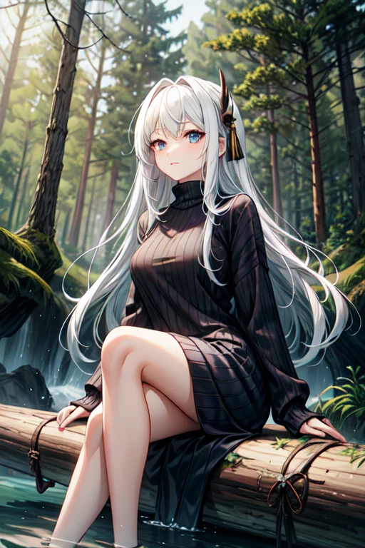 Anime girl with long white hair and colorful eyes sitting on a thick log in a forest., Girl with white hair, 4K anime style, Perfect white hair girl, anime art wallpaper 4k, anime art wallpaper 4k, anime art wallpaper 8k, beautiful animated portrait, beautiful anime girl, 4k anime wallpaper, anime girl portrait, beautiful anime woman, cozy black sweater