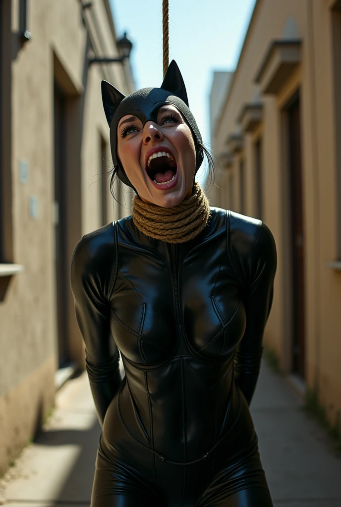 (8k, best quality, photorealistic, realisti), Catwoman, sexly, Nice, hot, horrified, strangled gasping for air, choked, screaming, horrifieder Gesichtsausdruck, is hanged, Thick rope tied tightly around neck, Thick rope tied tightly around neck, Cut off air, hangs tied by the neck in the air, half a meter in the air, Feet not on the floor, Niceer Hals, sehr Niceer Hals, strangle, choke, can't breathe anymore, Face tilted to the sky and body straight, Hands behind the back, cannot move hands and arms, tied up, strangle, choke, Squeeze throat with a rope, on a sunny day in a secluded alley in Los Angeles.