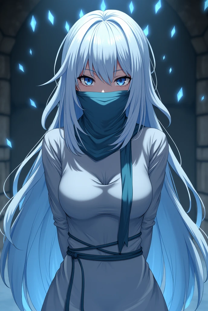 create an image of a female character (do anime demon slayer) with the breath of ice with her white and light blue hair tied with her arms behind her back and gagged with a long cloth covering her nose and mouth in a captivity