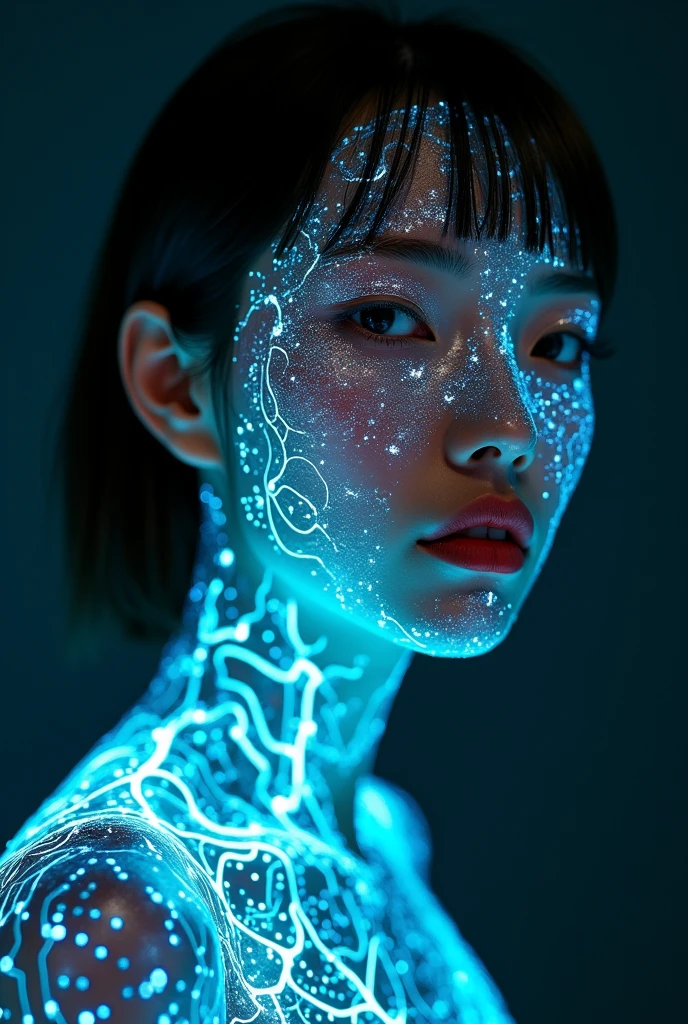  fuzy japanese covered in iridiscent electronic circuit tattoos amazing best quality photography, 12k, impressive masterpiece photo award winner