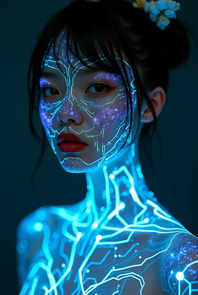 fuzy japanese covered in iridiscent electronic circuit tattoos amazing best quality photography, 12k, impressive masterpiece photo award winner