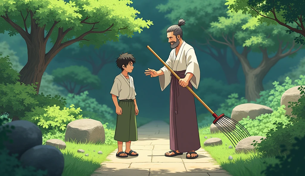 Hiro adult boy and Master Koji stand together in the garden. Master Koji, with a kind expression, holds a rake. The garden is vibrant, with neatly arranged stones and plants.