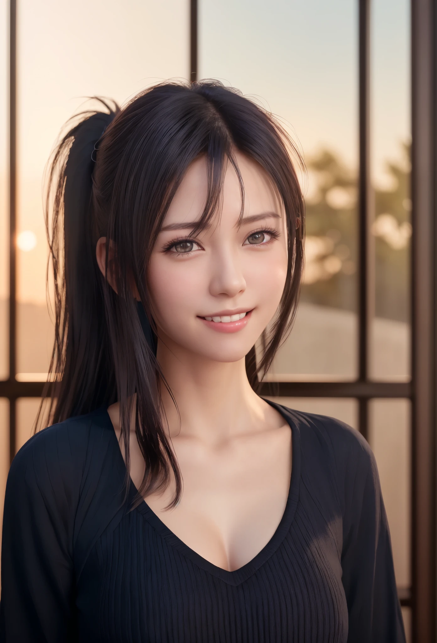 Best Quality, Ultra high definition, (Photorealistic:1.4),Sunset light, Ponytail, detailed photo, Smiling, Sexy, Black shirt, Facing Camera, (masutepiece: 1.3), (8K, Photorealistic, Best Quality), (1girl in), Beautiful face, (Realistic face), (Black hair, ...