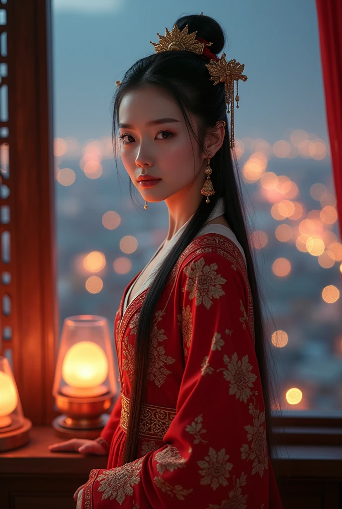 A beautiful young woman with a fierce expression in the ?????, stern body of a full-fledged official from the Han Fu Dynasty stands by the window of a high-floor room, overlooking the night view of the capital city in an inn. The atmosphere of the lights from the houses, the atmosphere of the capital city decorated with luxurious patterns according to the era of the great dynasty, an ancient Chinese-style room.
