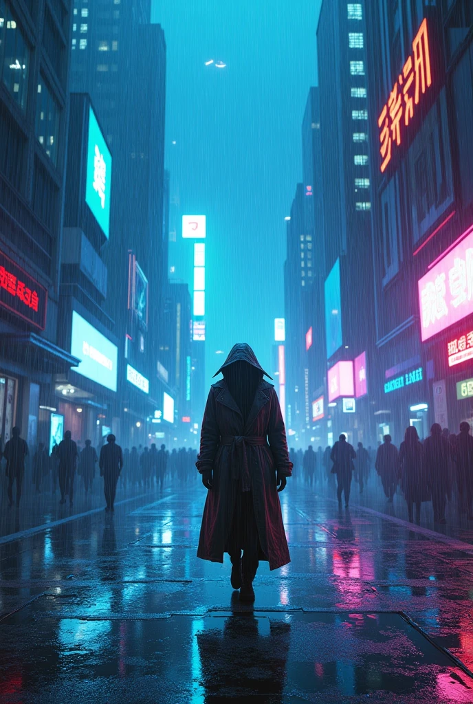 A person in a trench coat walking in a dark futuristic cyberpunk-style city with blue and violet neon lights, Holograms on the premises, heavy rain and flying cars
