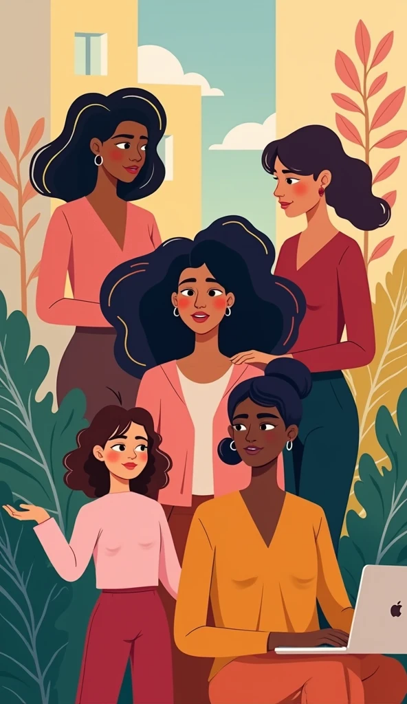 Create a realistic and clean image celebrating the strength and positivity of women. Include four diverse women in different roles: one managing work tasks, one caring for a child, one performing an office job, and one handling additional responsibilities. Each woman should be depicted clearly in her respective role, exuding confidence, resilience, and compassion. The background should be vibrant and uplifting, showcasing their emotional intelligence, adaptability, and problem-solving skills. Ensure the image highlights their individual contributions and strengths."