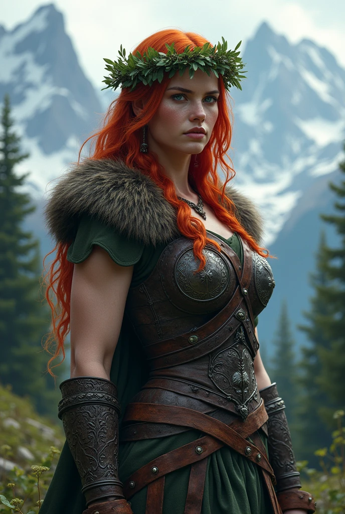 femme viking, with red hair and sky blue eyes, and a garland of ivy in her hair. In the background mountains and forest