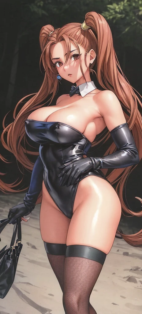 Jessica, with her large breasts, beautiful legs, shoulder-length twin tails, exposed arms and shoulders, and mature face, is dressed as a bunny girl in a black high-cut bunny suit and fishnet stockings, standing with her hands on her hips and her legs spread to the sides.。in the forest。