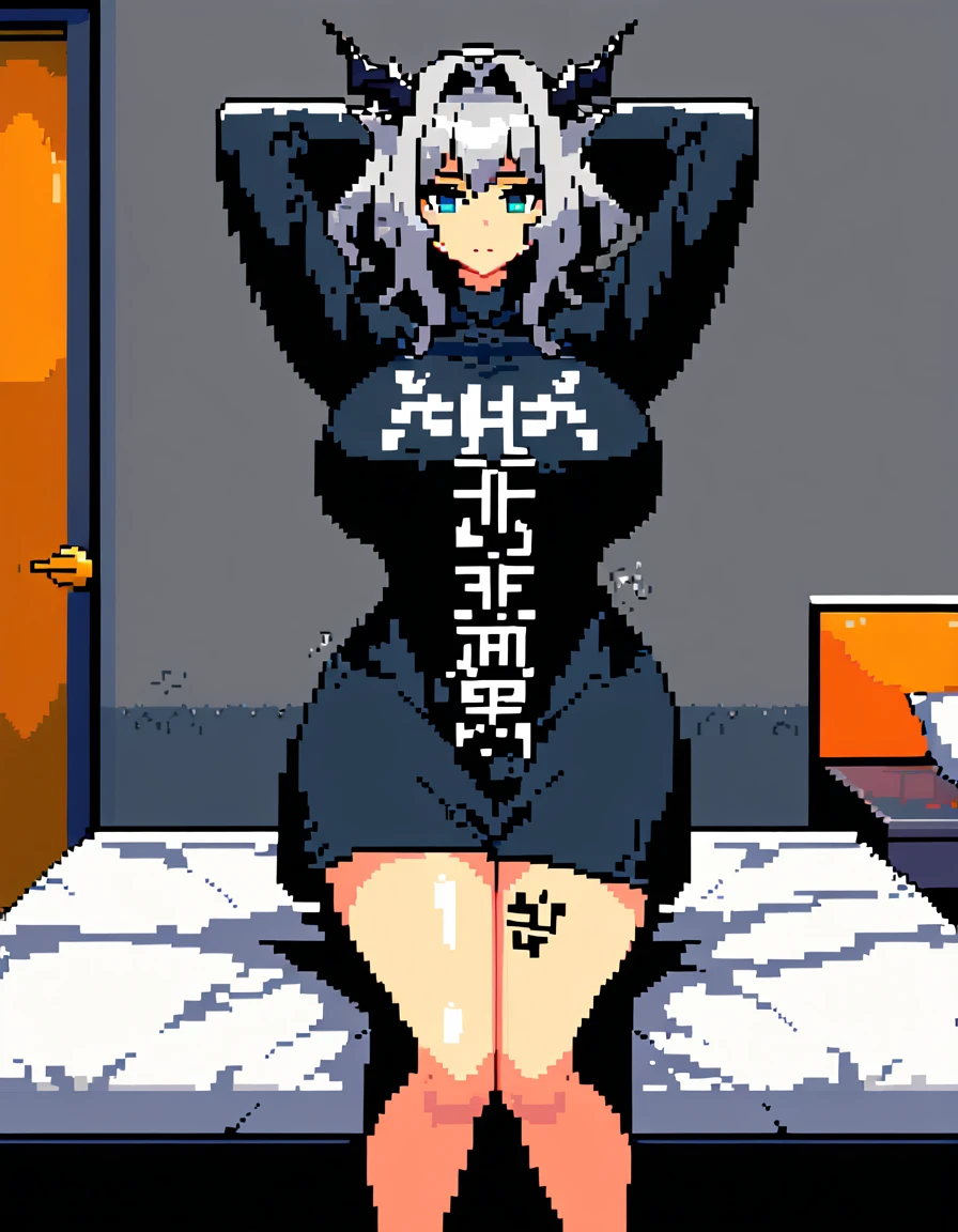 Talulah(Arknights),grey hair,dragon horn,curvy body,fit figure, oversized hijab,wearing oversized clothes(Muslim attire),bedroom,legs open slightly,arms behind head,body writing(lewd), night setting, blackout hour,close view,very nsfw, uncensored,((pixel art style)),