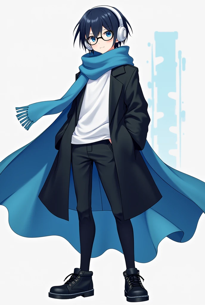 100 feet,white tshirt,black small mini coat wearing,big white heafphone,blue eyes,anime,black shoes,black pants,circle round glass,age 23,blue colour maflar,in back a blue cloak