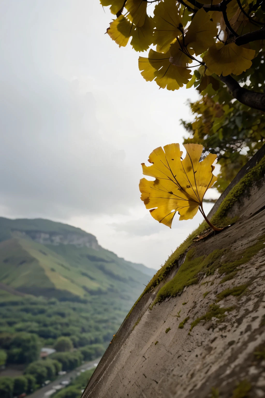 Draw a gingko leaf in the wind, the sun is hidden by the clouds