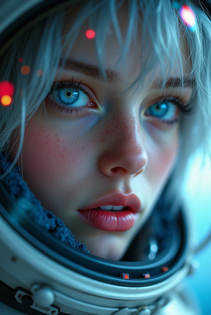 (Close-up of a better masterpiece: 1.5) 0.9], (Space and astronauts: 1.2) (Disheveled silver hair: 1.1) (Xanthochromia heterochromia and blue eyes: 1.2) (space helmet: 1.0) (colorful stars in the eyes: 1.0) (A radiant glow: 1.1) (thick lips: 0.9)