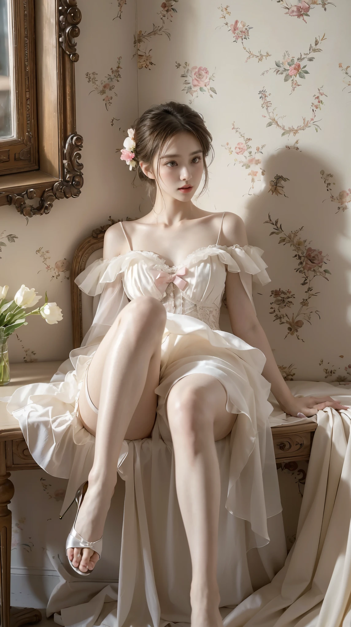 lolita1,dress,flower, ((1 girl, elegant sitting posture)), Natural leg proportions, visible division, masterpiece, ((sexy long legs, You have really pretty legs)), (best quality, 4K, 8k, mackerel, masterpiece:1.2), very detailed, (realistic, photorealistic, photo-realistic:1.37), official art, CG, anatomically correct, Random Scene, Any camera angle, cinematic, of the photo, complex background, soft lighting, subtle shadows, vivid colors, expressive eyes, delicate features, High Fashion Outfits, ambient atmosphere, A candid moment, natural expression, detailed texture, fine details, Sophisticated elegance, sophisticated style, artistic composition, Beautifully rendered.