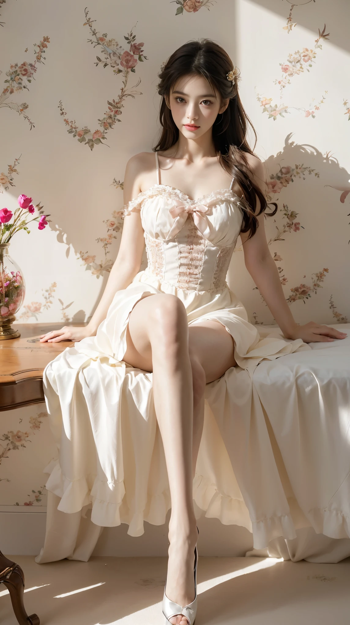 ta1,dress,flower, ((1 girl, elegant sitting posture)), Natural leg proportions, visible division, masterpiece, ((sexy long legs, You have really pretty legs)), (best quality, 4K, 8k, mackerel, masterpiece:1.2), very detailed, (realistic, photorealistic, photo-realistic:1.37), official art, CG, anatomically correct, Random Scene, Any camera angle, cinematic, of the photo, complex background, soft lighting, subtle shadows, vivid colors, expressive eyes, delicate features, High Fashion Outfits, ambient atmosphere, A candid moment, natural expression, detailed texture, fine details, Sophisticated elegance, sophisticated style, artistic composition, Beautifully rendered.