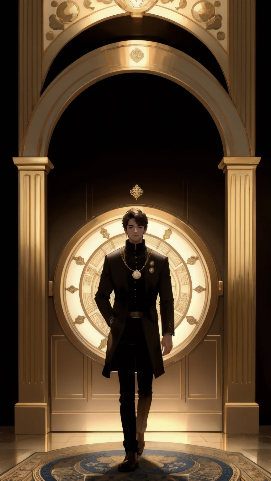 Create an image featuring a man standing in front of a massive, ornate vault door, with coins scattered on the ground and falling from above. The vault door prominently displays a Bitcoin symbol, indicating the high value stored within. The man is holding a large golden coin, preparing to unlock the vault. The background should be a rich brown, symbolizing wealth and security. Include the text 'Rug-Pull-Proof Carpet' subtly in the background, reinforcing the theme of security and trustworthiness.