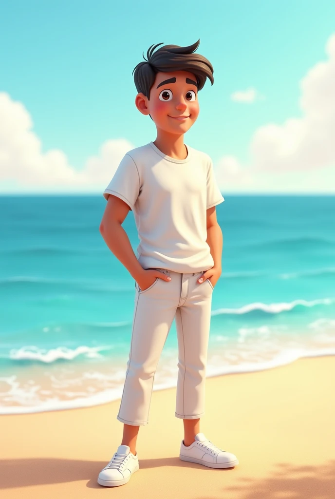 Create animation character 30 years old boys standing the sea and his t-shirt name RAKIB, pant colour white, shue colour white.