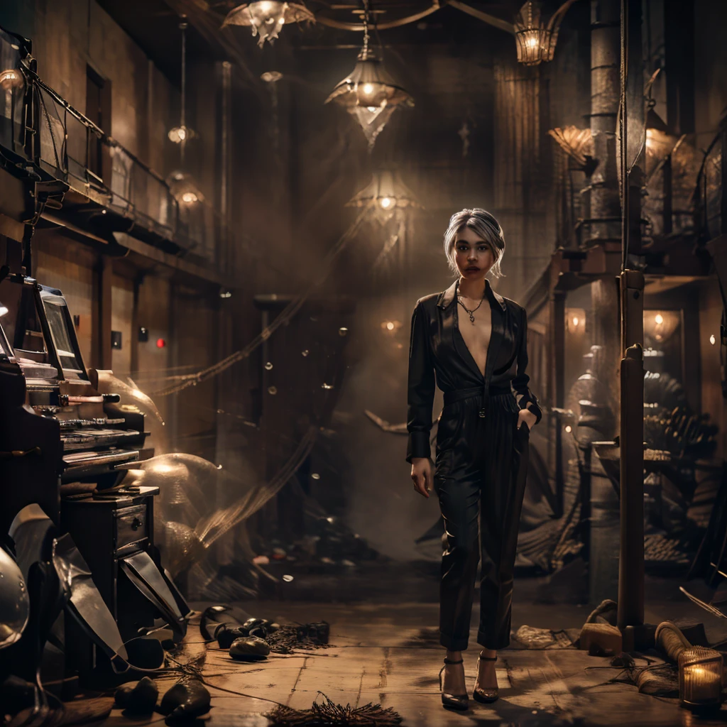 A stunning portrait photo of a Korean girl with grey silver hair wearing a black dress, long trousers, and high heels. She has diamond earrings and a necklace. Her hair is styled in a bun and tied back and wrapped around her head. She is elegantly standing in a room with a patterned floor. The background contains plants and a lamp. The image is shot in HD 64k resolution, with high quality and realistic lighting.