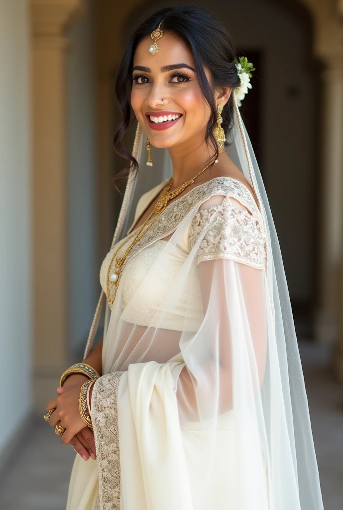 Indian women ready for marriage in white saree like lahanga in with smaily face in her full image 
