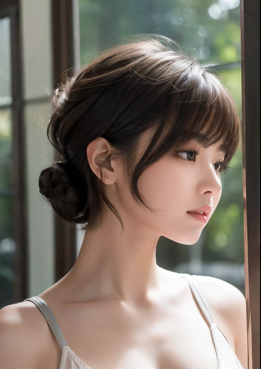 nsfw:1.2,(masterpiece), (Highest quality), {|Lady}, Looking at the audience, {Day|night}, {indoor|Outdoor}, {Natural Wave Short Hair|Shaggy Cut|Long and bold side bangs|Curly Hair|Neat ponytail|Sophisticated pixie cut|Twisted high top knot|Voluminous updo|undercut}、see through、Nipples are visible:1.2、Upper Body