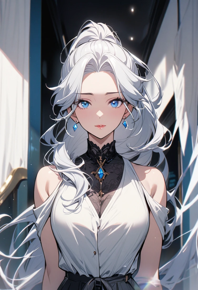 girl, mature, white hair, diamond earrings, long hair, ponytail, blue eyes, front face, beautiful