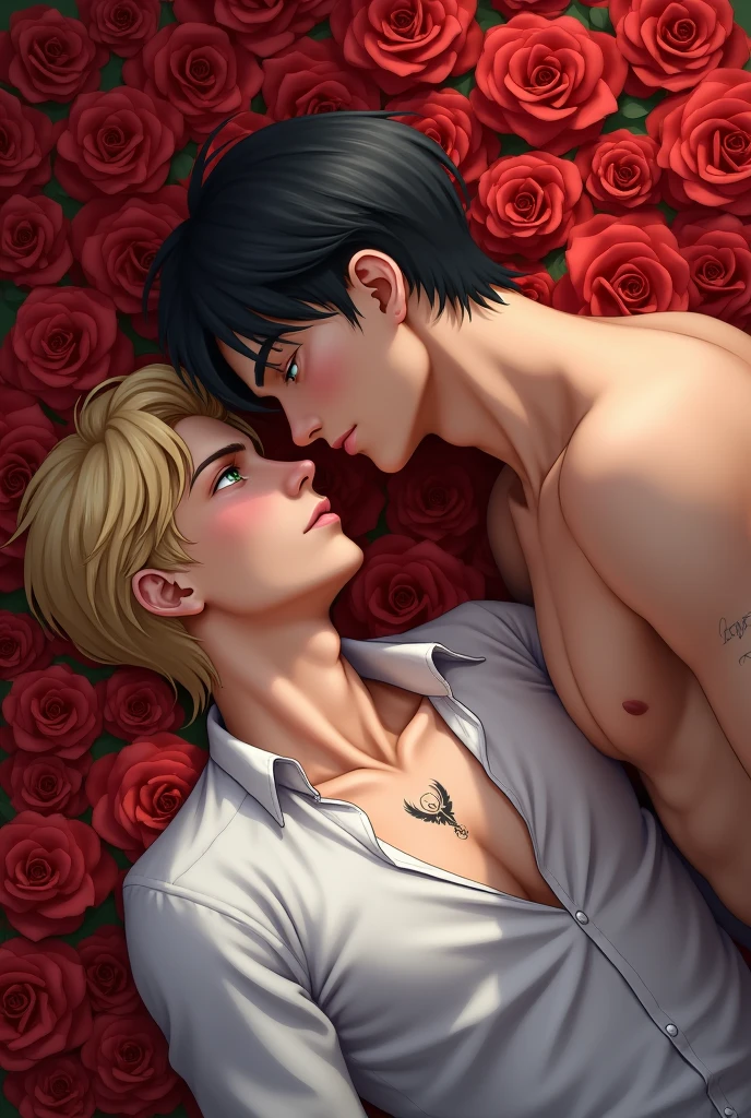 I want you to make me a man lying down with flowers under that he has his eyes open and the other one that is on the other side looking at him Both with their eyes open but that is in 2d but that is realistic and that only one is lying on the bed of flowers but a 2d and that is realistic one that is blond green eyes and the other black haired blue eyes that the flowers are red roses and the blond one that has a tattoo of wings on his collarbone that they look a little in love more realistic that they are both looking at each other fixedly I want the one with black hair not to wear a shirt and the blond one yes but that it is a white button down