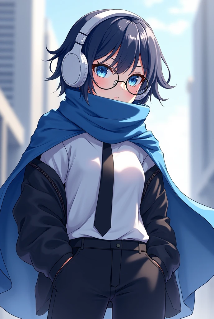 100 feet,white tshirt,black small mini coat wearing,big white heafphone,blue eyes,anime,black shoes,black pants,circle round glass,age 23,blue colour maflar,in back a blue cloak,black tie